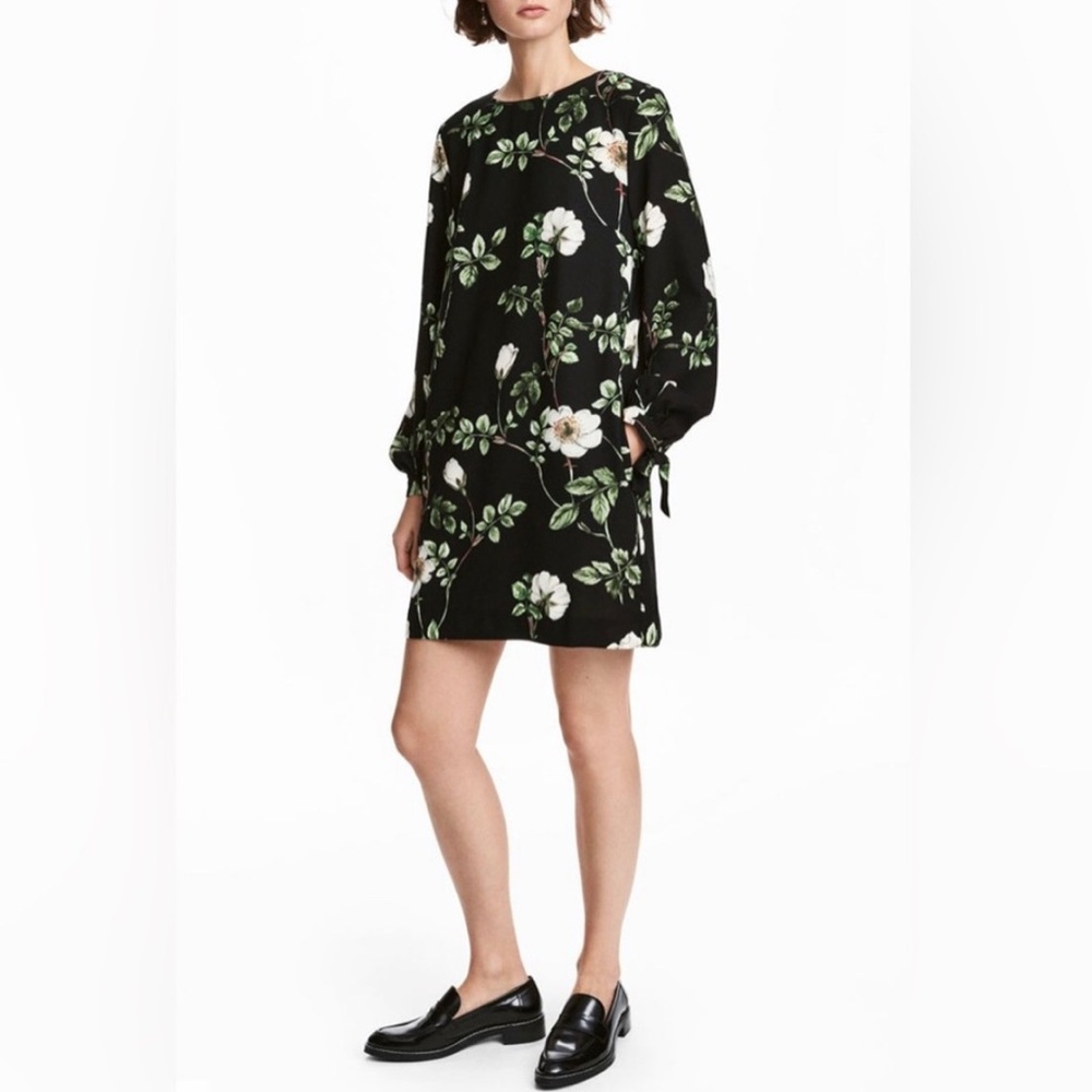 H&M Floral Long Sleeve Shift Mini Dress Black Green And White Size 6